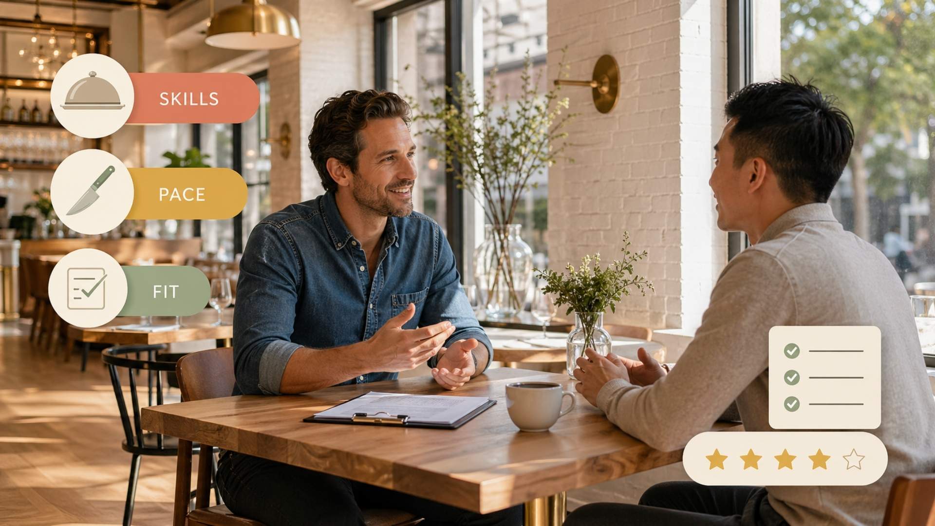 Restaurant manager interviewing a candidate at the bar